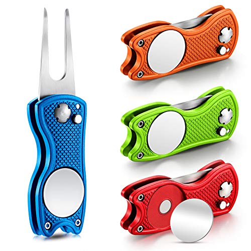 Skylety 4 Pcs Golf Divot Repair Tool Metal Foldable Golf Divot Tool with Magnetic Pop-up Button Ball Marker Stainless Steel Switchblade for Golfers Prizes - color: Red, Blue, Lime Green, Orange