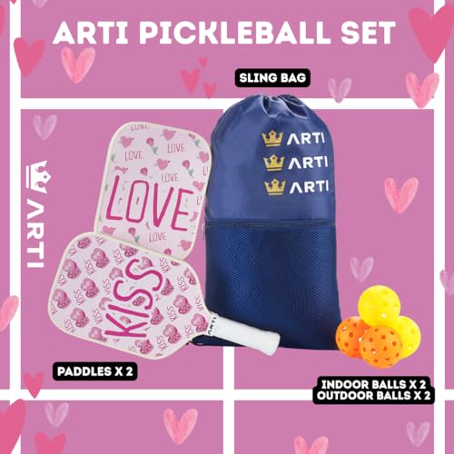 ARTI Pickleball Paddles Set of 2-USAPA Approved Fiberglass Surface Pickleball Set,2 Pickleball Rackets, 4 Balls and 1 Portable Carry Bag - color: Valentine