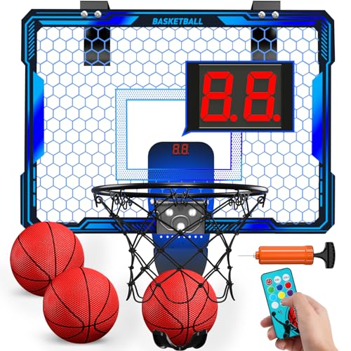 HYES Basketball Hoop Indoor, Mini Basket Ball Hoop with 7 LED Lighting, Scoreboard, Over Door Basketball Hoop with 3 Modes, Volume Adjustable, Foldable, Basketball Toys Gifts for Kids Adults - size: blue- with remote controller