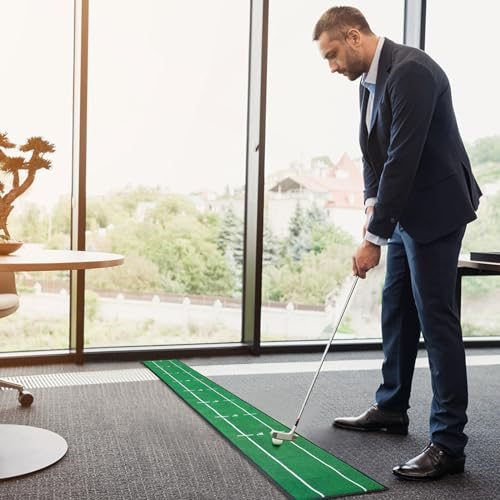 Golf Putting Mat Indoor & Outdoor Professional Golf Practice Putting Green Mat with Distance Marker Anti Slip Backing Golf Training Accessories Portable Matt - style: P01-Dark Green