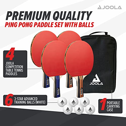 JOOLA Advanced Premium Ping Pong Paddles Set of 4 - Professional Table Tennis Paddles, 6 Advanced Training 3 Star Ping Pong Balls, and Carrying Case - Tournament Level - Indoor and Outdoor Compatible - style: 4 Player | Advanced Set