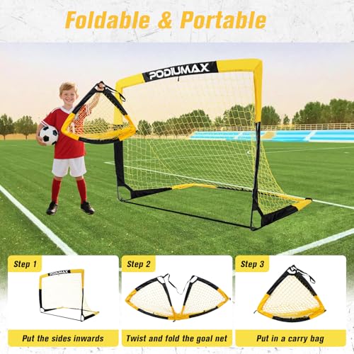 Kids Soccer Goal Set of 2, 4x3ft Pop up Portable Soccer Goals for Backyard, Soccer Net for Kids Age 3 4 5 6 7 8, Toddler Soccer Goal Gift with 1 Ball, 1 Target Net, 10 Cones, 2 Targets