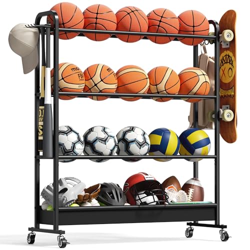 Adjustable Basketball Rack with Wheels, 4-Tier Sports Ball Storage Cart for Basketball Football Volleyball Soccer & More, Holds up to 20 Balls