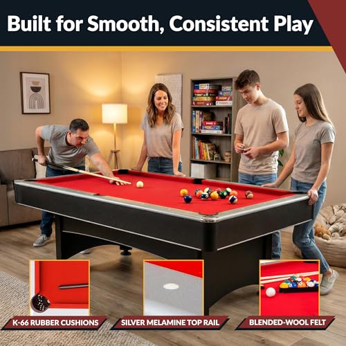 Hathaway Maverick 7 Foot Pool Table with Table Tennis Top – with Accessories for Both Games – Space-Saving Ping Pong and Pool Table Combo for Families – Matte Black Finish - color: Black with Red Felt