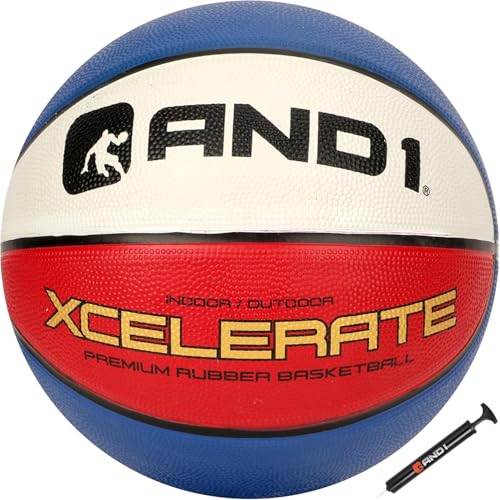AND1 Xcelerate Rubber Basketball: Official Regulation Streetball, Made for Indoor/Outdoor Games - color: Red/White/Blue, style: Basketball w/ Pump