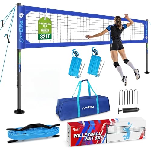 Professional Volleyball Net Set Heavy Duty for Outdoor Backyard Portable with Aluminum Scoring Poles, 20ft/32ft Optional Nets System, Adjustable Regulation Height - color: Classic Blue