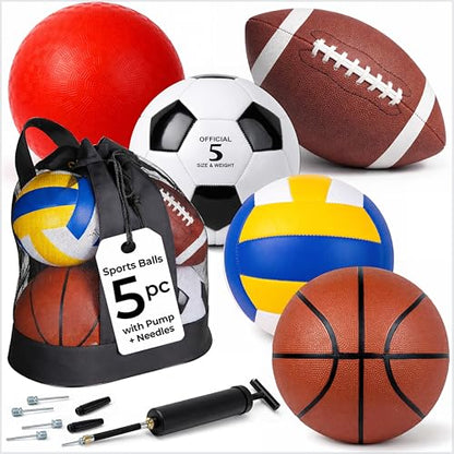 5 Pcs Sport Balls Set Official Size Athletic Balls Include Soccer, Football, Basketball, Volleyball, Playground Ball, Kickball Set, Ball Pump for Indoor Outdoor Game Youth Adult