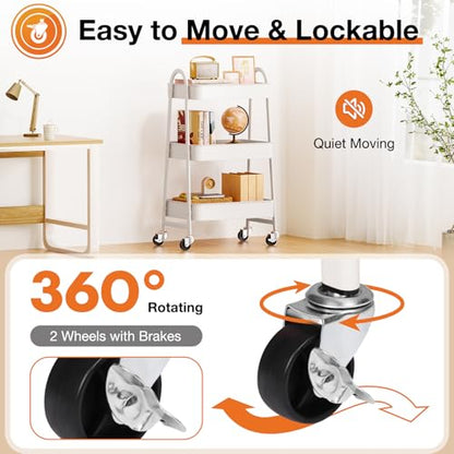 NEWBULIG 3-Tier Rolling Storage Cart, Metal Mobile Utility Organizer Shelf with Lockable Wheels, Space-Saving Freestanding Storage for Bathroom Living Room and Narrow Corner Spaces, White