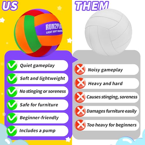 RUN2PEAK Super Soft Light Volleyball - Safe and Quiet Volleyball Ball for Indoor Outdoor Play - Official Size 5 Beginners Volleyballs Trainer for House Yard Beach Training