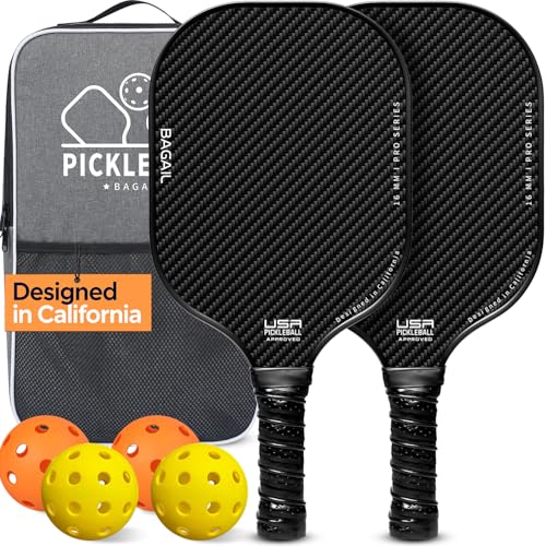 BAGAIL Pickleball Paddles, USAPA Approved Fiberglass Surface Pickleball Set, Lightweight Pickle Ball Rackets with 4 Balls, 1 Bag, Designed in California for Traction and Stability - color: Black, size: 2-pack