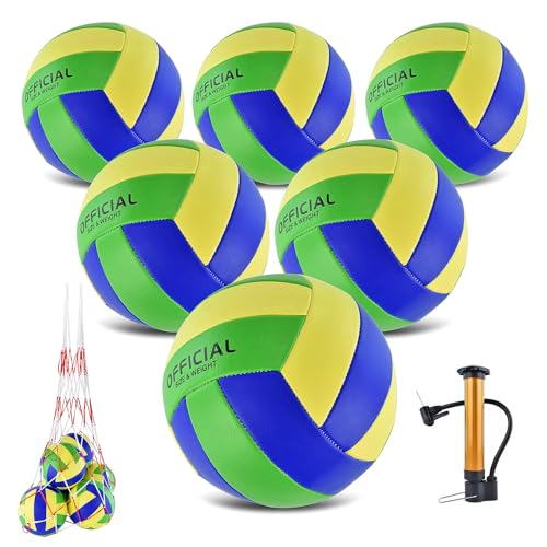 6 Pack Volleyballs Official Size 5, Soft Bulk Recreational Volley Balls with Pump and Net Bag for Indoor Outdoor Beach Pool Water Sand Game Training Match for Beginner - color: Green