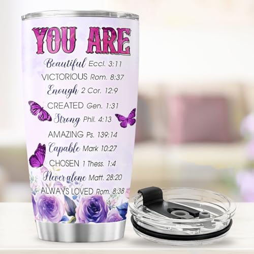 Christian Gifts for Women of Faith, Purple Butterfly Floral Cross Design 20oz Stainless Steel Insulated Tumbler, Religious Inspirational Bible Verse Travel Cup for Mom, Sister, Friend - color: Faith and Bible Verse