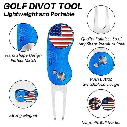 FINGER TEN Golf Divot Repair Tool and Ball Marker Switchblade Value Pack, Foldable Magnetic Stainless Steel with Pop-up Button for Men Women - color: C: 2 in Blue