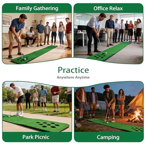 Golf Putting Mat for Indoor & Outdoor Practice, Portable Artificial Putting Green Set with 2 Putters, 2 Golf Balls, 16 Hole Covers & Carry Bag for Home, Office & Backyard Training