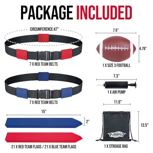 Flag Football Belts, 14 Player Adjustable Flag Football Set With 42 Football Flags,Size 3 Football, Pump and Storage Bag, Size Adjustable Up To 47 Inch Flag Football Belt For Kids,Youths,Adults