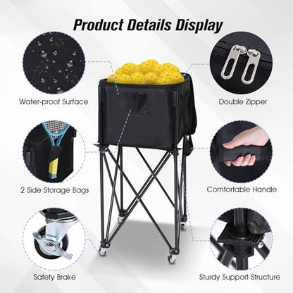 Portable Tennis Ball Hopper Holds 180 Balls, Tennis Ball Basket Cart with 4 Wheels & Brakes, Detachable Oxford Fabric Bag for Tennis and Pickleball Training, Black - color: Black steel