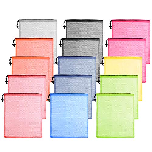 KUUQA 15 Pcs Mesh Drawstring Bags, Nylon Mesh Stuff Sacks for Storage, Travel, Sports (9 Colors) - color: Colorful, size: 13"x15"