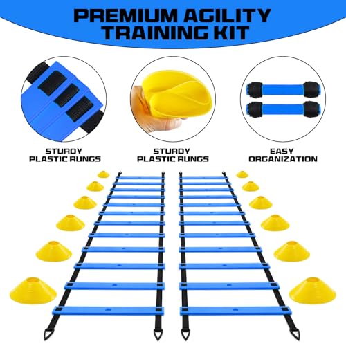 2 Pack 20ft Agility Ladder Set, 40ft Total Adjustable Speed Ladder with 12 Cones, 8 Stakes, 1 Carry Bag - Parallel Footwork Drills Gear for Football Soccer Basketball Training Equipment - color: Blue