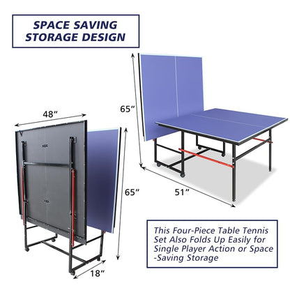 8FT Folding Rolling Table Tennis Table Indoor/Outdoor Table Tennis Table, 2 Rackets, 3 Balls, 1 Net and 4 Wheels Set Behind It for Easy Movement-Blue