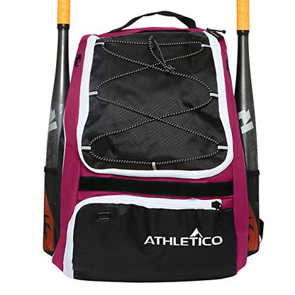 Athletico Baseball Bat Bag - Backpack for Baseball, T-Ball & Softball Equipment & Gear for Youth and Adults | Holds Bat, Helmet, Glove, & Shoes |Shoe Compartment & Fence Hook - color: Maroon