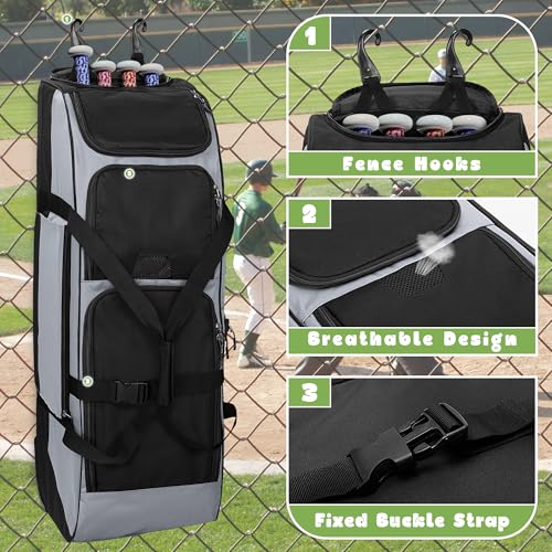 GOBUROS Rolling Baseball Softball Bag with Wheels for 4 Bats, Baseball Duffle Bag with Separate Shoe Space and Multiple Pockets for Softball Equipment, Gray