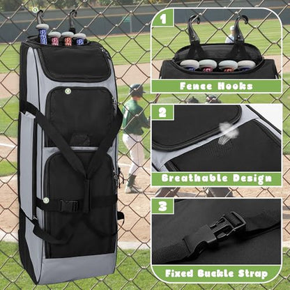 GOBUROS Rolling Baseball Softball Bag with Wheels for 4 Bats, Baseball Duffle Bag with Separate Shoe Space and Multiple Pockets for Softball Equipment, Gray