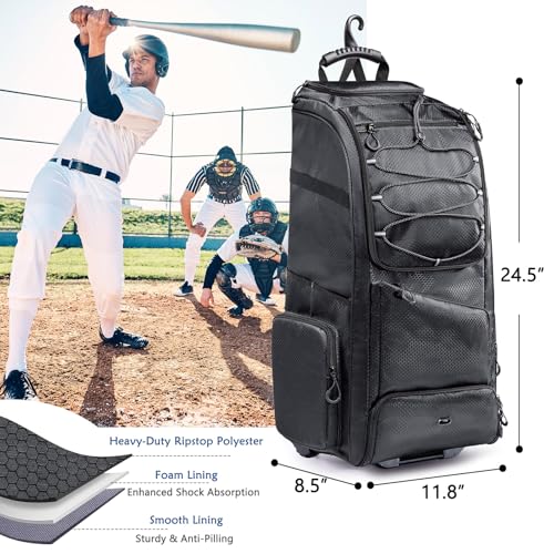Large Rolling Baseball Catchers Gear Bag with Wheels, Softball Bag with Hard Backing for 4 Bats,Equipment Bag with Separate Shoe & Helmet Compartments, Youth Baseball Bag with 360° Spinner Wheels - color: Black - Style A - Integrated Rolling System, size: