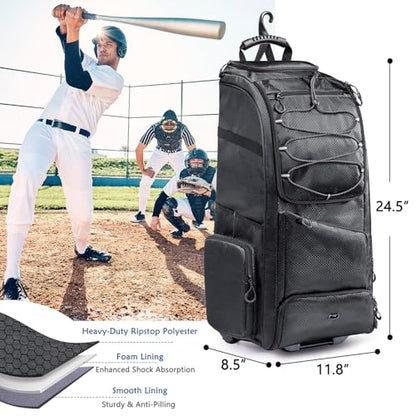 Large Rolling Baseball Catchers Gear Bag with Wheels, Softball Bag with Hard Backing for 4 Bats,Equipment Bag with Separate Shoe & Helmet Compartments, Youth Baseball Bag with 360° Spinner Wheels - color: Black - Style A - Integrated Rolling System, size: