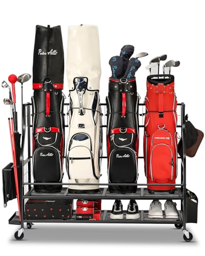 Golf Bag Storage Garage Organizer- Golf Bag Stand Fit for Golf Bags, Golf Clubs, Golf Balls, Golf Equipment Accessories, Golf Bag Storage Rack with Wheels for Garage - color: Black - 4 Golf Bag Organizer