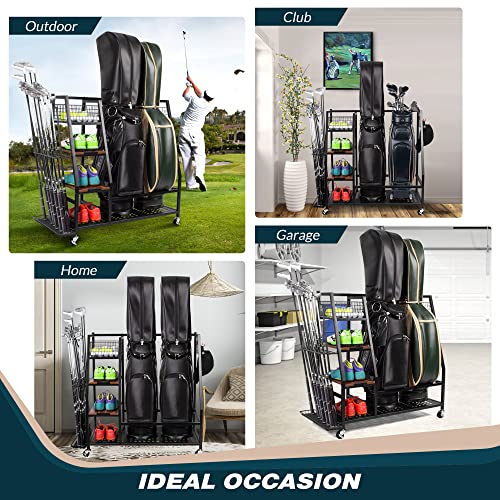 Sttoraboks Golf Bags Storage Garage Organizer, Golf Bag Rack Fits 2/3 Golf Bags and Golf Equipment Accessories, Golf Club Storage Stand with Wooden Shelf and Lockable Wheels for Garage Indoor Basement - style: 2pcs Bag Stand