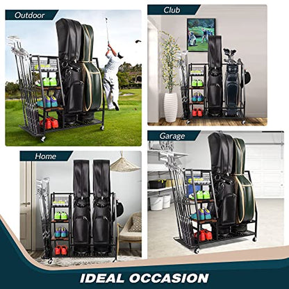 Sttoraboks Golf Bags Storage Garage Organizer, Golf Bag Rack Fits 2/3 Golf Bags and Golf Equipment Accessories, Golf Club Storage Stand with Wooden Shelf and Lockable Wheels for Garage Indoor Basement - style: 2pcs Bag Stand