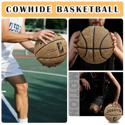 Professional Top-Grain Cowhide Basketball, Indoor Game Leather Ball for Competition & Training - color: Brown