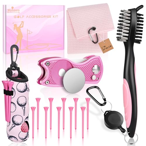 15 Pcs Golf Accessories Kit, Includes Cleaner Brush Towel Tees Golf Ball Bag with Hook Divot Tool with Ball Marker, Golf Essentials Kit for Women Man Gifts - color: Pink