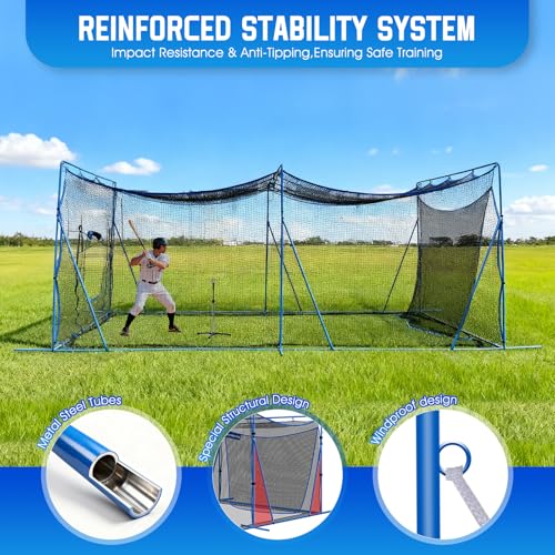 20ftx10ftx8ft Baseball Softball Cage with Hitting Net,Dual Sided 7-Ply Netting for Batting/Pitching/Fielding,Heavy-Duty Metal Frame and Windproof Ropes for Backyard Outdoor Indoor
