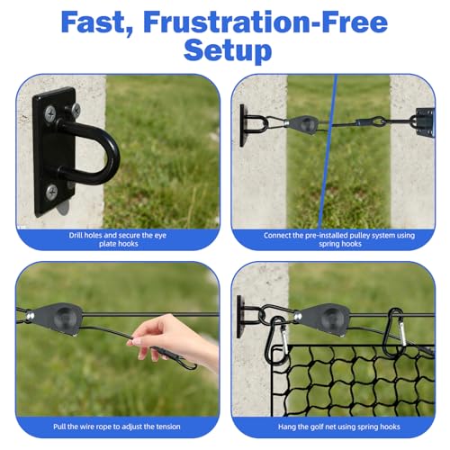 Golf Practice Net with Pre-Assembled Hanging System, 10x10/ 10x15/ 10x20ft Golf Netting for Garage, Self-Locking Pulley & 3/16" PVC Coated Cable, Easy Tension Setup, DIY Sports Netting - size: 10x15 FT