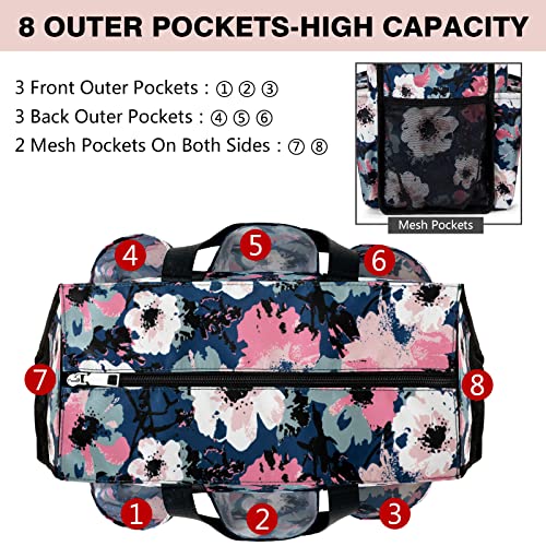 IBFUN Utility Tote Bag with 24 Pockets, Large Teacher Tote for Women with Laptop Compartment, Travel Tote Bag with Zip Top - color: A4-m-flowers, size: Medium