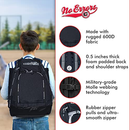 No Errors Sports RBP Rookie Baseball and Softball Backpack - Youth Baseball and Softball Bat Bag with Fence Hooks - Baseball and Softball Equipment Bag for Kids