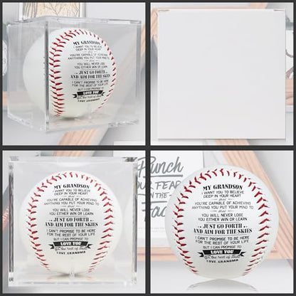 SYNGUCK Baseball Gift for Grandson-Clear Acrylic Display Case-Heartfelt Grandparents to Grandson Baseball with Inspirational Message - Perfect Birthday, Graduation Gift - style: Grandma to grandson
