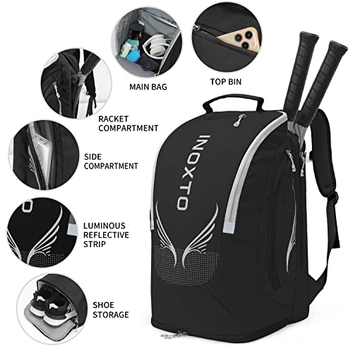 INOXTO 40L Tennis Backpack for Men & Women, Large Pickleball Bag With Independent Shoe Storage, Waterproof & Breathable, Holds 2 Tennis Rackets for Badminton, Travel & Camping - color: Black