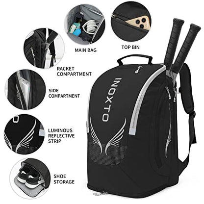 INOXTO 40L Tennis Backpack for Men & Women, Large Pickleball Bag With Independent Shoe Storage, Waterproof & Breathable, Holds 2 Tennis Rackets for Badminton, Travel & Camping - color: Black