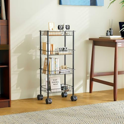 AWTATOS 4-Tier Rolling Cart, Storage Cart with Removable Baskets, Metal Utility Cart with Wheels, for Kitchen, Bathroom, Office, Laundry Room, Black (Patent)