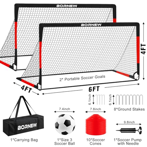 Kids Soccer Goal for Backyard Set - 2 Set of 7X5 / 6X4 ft Toddler Soccer Nets Training Equipment, Soccer Ball, Pop Up Portable Soccer Set for Kids and Youth Games and Training Goals Ages 3-16 Gift - color: 2.Black Red, style: 6' x 4'