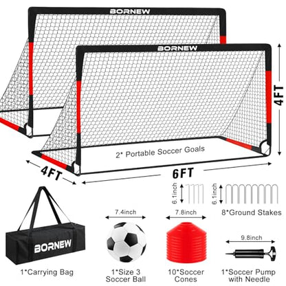 Kids Soccer Goal for Backyard Set - 2 Set of 7X5 / 6X4 ft Toddler Soccer Nets Training Equipment, Soccer Ball, Pop Up Portable Soccer Set for Kids and Youth Games and Training Goals Ages 3-16 Gift - color: 2.Black Red, style: 6' x 4'