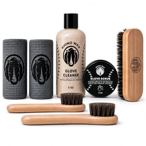 Rhino Wax - Baseball Gloves Complete Cleaning Kit - Glove Scrub for Deep Dirt Removal + Base Ball Mitt Cleaner for Gentle Routine Maintenance - Includes 2 Brushes + Microfiber Cloths - Made in the USA