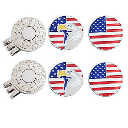 Golf Ball Markers with Hat Clips Value Sets for Men Women Golfer, Removable Attaches Easily to Golf Cap Premium Gifts - color: Flag and Eagle
