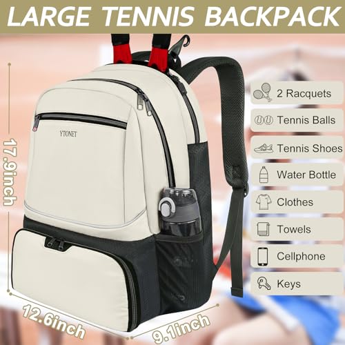Ytonet Tennis Bag Tennis Backpack for Women Men 2 Rackets with Insulated Pocket Ventilated Shoe Compartment - color: Beige