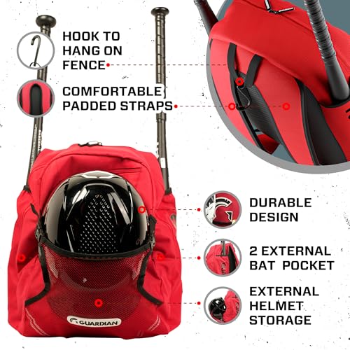 Guardian Baseball Backpack for Youth, Softball Bag for Girls, Durable Bat Bags Baseball Youth Boys and Girls, TBall Bag – Includes Hook to Hang on Fence - color: Red/Black