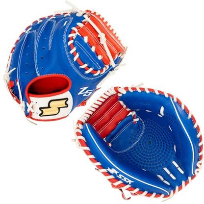 SSK Z5 Craftsman Baseball Catcher’s Mitt – 32.5” - 33” - 33.5” - 34" – Right & Left Hand Throw - color: Royal/White/Red, size: 32.50" - Left Hand Throw