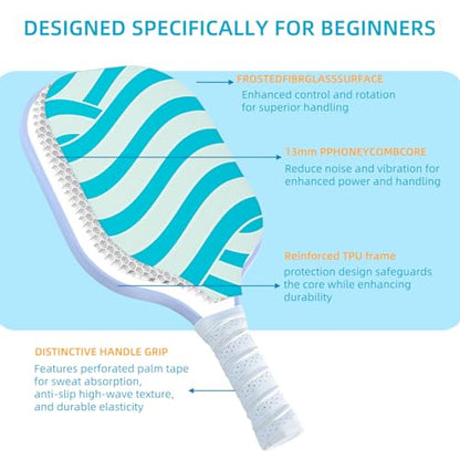 Pickleball Paddles Set of 4 Fiberglass Pickleball Racket, 4 Outdoor/Indoor Balls|Pair of Grip Tapes|1 Portable Carry Bag Set Gift for Men Women Beginners