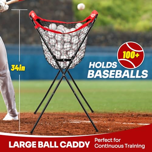 7×7FT Baseball Net with Batting Tee & Ball Caddy Holds 100+ Balls, Height Adjustable 27"-43" for All Players,Baseball & Softball Training Set for Hitting,Pitching,Included Carry Bag, 4 Ground Stakes